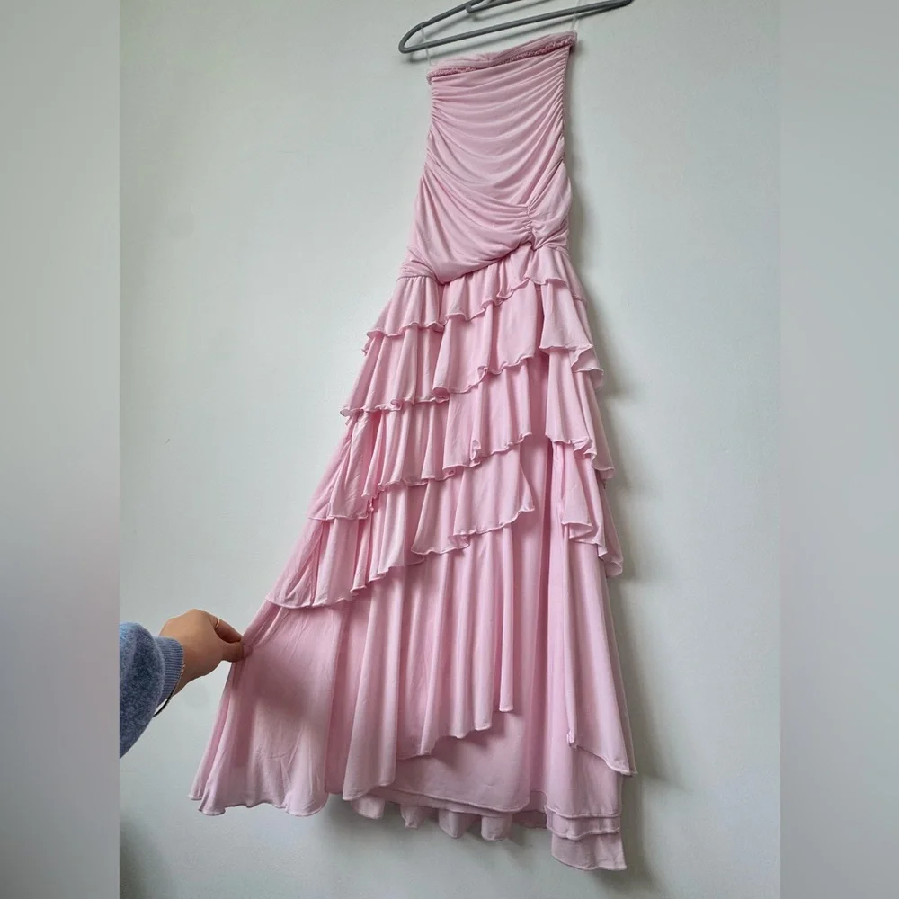 Oh Polly Hayami Bandeau Ruched Ruffle-Trim Maxi Dress in Blush - Size 2 - Picture 14 of 16